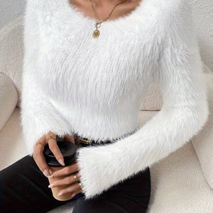 TEMU 여성용 플러시 크롭 스웨터 겨울 숏 재킷 스타일 H라인 실루엣 - 부드러운 화이트 플러피 칼라 & 플러시 트림, 슬림핏 스트레치 탑 레이어링용 (세탁기 사용 가능) - 우아한 가을 겨울 스웨터