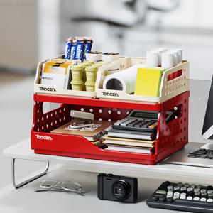 TEMU 휴대용 이중 레이어 데스크탑 정리함 (속이 빈 디자인) - 튼튼한 PP 소재, 사무용품, 펜, 마커, 드릴 보드, 드릴 보드 선반, 책상 정리함, 사무실 정리함, 책상 물건 홀더를 위한 공간 절약형 수납 랙
