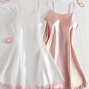 TEMU 2개 여성용 레이스 트림드 홀터넥 나이트가운, 조절 가능한 어깨끈과 오픈백 디자인. 우아하고 편안한 라운지웨어, 통기성 있는 부드러운 소재의 슬립웨어, 홈웨어, 조절 가능한 스트랩이 있는 나이트가운, 레이스 장식된 수면복, 시스루 레이스 디테일링, 부드러운 침실옷, 편안한 라운지웨어, 성인 잠옷|여름원피스|민소매원피스|여름잠옷