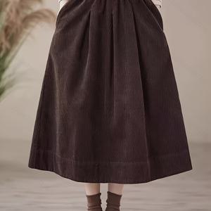 TEMU 여성용 하이웨이스트 A라인 스커트 - 빈티지 스타일 미드-길이 코듀로이 포켓 스커트, 갈색, 가을/겨울에 완벽한 캐주얼부터 정장까지, 캐주얼 웨어 스커트 | 빈티지 A라인 스커트 | 여성용 코듀로이 원단, 여성용 록 스타일 롱 스커트|빈티지