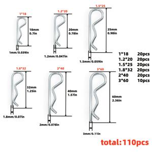 TEMU 110개입 고강도 코터 핀 모음 키트 - 5가지 사이즈 스프링 패스너 (트레일러 잠금, 잔디 깎이, 트럭 및 정비사 선호), 안전한 그립을 갖춘 내구성 있는 금속 클립, 잔디 깎이 액세서리, 자동차 휠 너트, 볼트 및 너트, 분할 핀, 잠금 핀, 트레일러 잠금