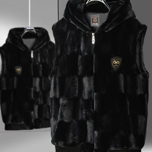 TEMU 남성용 겨울 풀지퍼 후드 가죽 재킷 - 블랙/화이트 칼라 & 골드톤 로고 패치, 탈착식 후드, 손세탁 가능한 캐주얼 & 포멀 웨어용 추위 방지 코트 (노필)