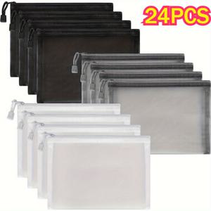 TEMU 6/12팩 A5 메쉬 지퍼파우치 세트 | 여행, 학교, 사무실용 투명한 화장품 & 연필 수납함 | 내구성 있는 나일론백과 지퍼클로저 | 블랙, 화이트, 그레이 및 투명