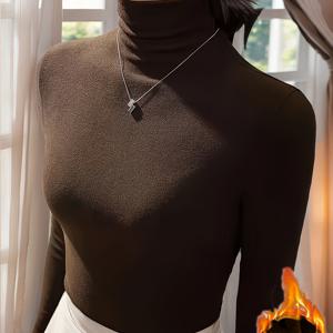 TEMU 플러스 사이즈 - 우아한 하이넥 플러스 사이즈 스웨터 | 긴소매, 스트레치 원단, 단색, 가을/겨울, 슬림핏, 스ーツ용 따뜻한 안감