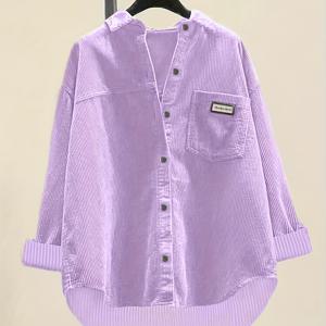 TEMU 여성용 연보라색 V넥 버튼업 셔츠 - 캐주얼 루즈핏, 가슴 포켓, 긴 소매, 리브드 질감, 캐주얼 의상에 완벽, 여성용 셔츠