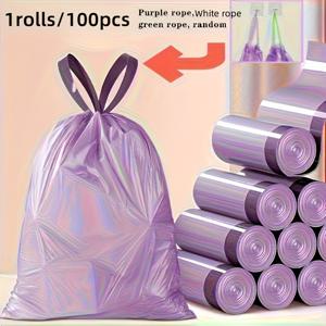 TEMU 1롤/100개입 고강도 보라색 드로스트링 쓰레기 봉투 - 주방, 욕실, 침실 및 가정용으로 적합, 내구성이 뛰어난 다용도 플라스틱 봉투, 광택 마감