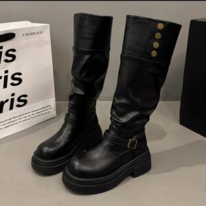 TEMU 청키 힐 부츠 고무 미드 힐(3-5cm) 숏 튜브 PU 봄 가을 마이크로파이버 라운드 토 스트레치 부츠 슬립온, 스틸레토 부츠, 여성용 플러스 사이즈 무릎 높이 부츠, 레이스업 부츠, 여성용 롱 부츠, 하이 니 부츠, 여성용 롱 슈즈, 오버 니 부츠, 슬라우치 부츠, 여성용 라이딩 부츠, 여성용 가을 부츠|여성원피스|가을원피스|드레스