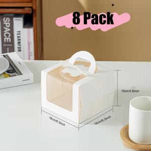 TEMU 손잡이 달린 8개 우아한 화이트 케이크 상자 - 튼튼한 종이 구조, 쉬운 시야를 위한 투명 창문 뚜껑, 생일, 결혼식, 파티, 베이커리에 적합 - 케이크, 컵케이크, 페이스트리에게 이상적 - 상업 및 가정 주방 사용, 파티 디저트 용기