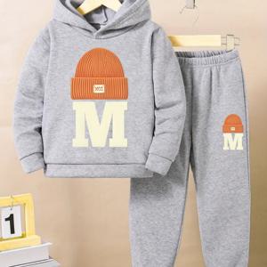 TEMU 남아용 트렌디한 레터링 프린트 스웨셔츠 & 조거 팬츠 세트, 가을 겨울 패션 후드가 있는 긴팔 따뜻하고 편안한 캐주얼 의상 + 실내외에서 활동적으로 입기 좋은 운동복