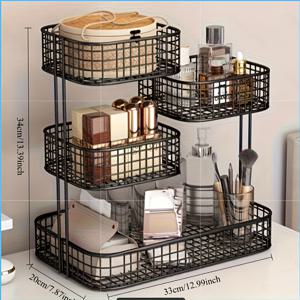 TEMU 3단 블랙 메탈 욕실 수납 선반 - 브러시 홀더 포함, 화장품 및 그루밍 도구용 카운터탑 정리대, 비전기식, 현대적인 욕실을 위한 공간 절약 디자인, 세련된 금속 마감, 견고한 구조, 메이크업 오거나이저, 욕실 정리함, 메이크업 오거나이저 스토리지, 파운데이션 오거나이저, 오거나이저, 메이크업 박스|욕실선반