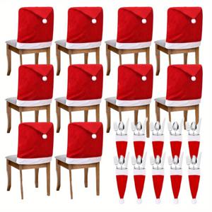 TEMU 10개 크리스마스 의자 커버 + 10개 커틀러리 파우치 세트 - 모자 의자 커버 10개 - 크리스마스 장식용 의자 커버 - 저녁 식탁/가족 레스토랑 커피숍, 축제 식사 준비, 휴일 테마에 이상적|빈티지샵|식탁의자커버