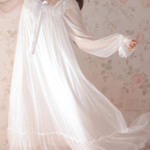 TEMU 여성용 프렌치 스타일 롱 나이트드레스 - 화이트 네트 슬립웨어 드레스, 가을 럭셔리 파자마 & 드레싱용, 여성 우아한 슬립웨어 (손세탁 권장)|여성원피스