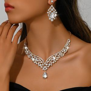 TEMU 신부를 위한 우아한 하이엔드 유럽 및 미국 스타일 귀걸이 및 목걸이 세트 | 결혼식 및 공식 행사에 완벽, 반짝이는 라인스톤과 아연 합금 특징, , 웨딩 주얼리 스타일 아연 합금 주얼리로 이상적