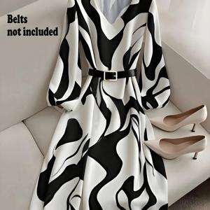 TEMU 여성용 우아한 V넥 A라인 드레스, 기하학적 프린트 & 랜턴 소매 - 미디엄 길이 핏감, 블랙 & 화이트 추상 패턴, 구조화된 허리, 벨트 필요 없음, 가을 겨울 사무실에서 캐주얼 착용까지, 다용도 일상 및 세미포멀 의상, 여성용 블랙 앤 화이트 맥시 드레스, 블랙 앤 , 블랙 드레스, 여성 드레스, 우아한 클래식 드레스