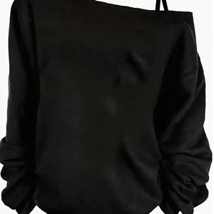 TEMU 여성용 솔리드 블랙 오프숄더 보트넥 긴팔 티셔츠 - 부드러운 라운드 넥라인, 러플 헴 & 매끄러운 질감, 미디엄 스트레치 캐주얼에서 세미포멀 블라우스, 세탁기 사용 가능한 봄 여름 가을 캐주얼 의상, 시크한 원숄더 디자인의 다용도 레이어링 탑, 릴랙스드 핏, 솔리드 컬러로 손쉬운 스타일, 여성용 크롭탑, 오버사이즈 셔츠