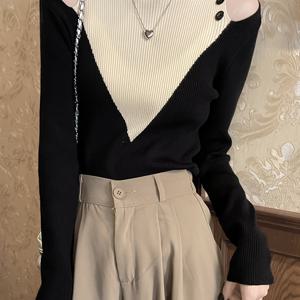 TEMU 여성용 시크 컬러 블록 오프숄더 스웨터 - 긴 소매, 라운드 넥, 베이지 & 블랙, 캐주얼 가을/겨울 탑 버튼 디테일, 캐주얼 겨울복 | 시크 오프숄더 탑 | 건축, 스웨터 드레스