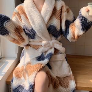 TEMU 엘레강트 체크 프린트 기모노 가운 - 두꺼운 겨울용 스타일 목욕가운, 벨트 포함, 긴 소매 칼라 & 파자마 같은 따뜻함, 세탁기 사용 가능한 아우터웨어 (베이지/블루/브라운/토프)|샤워가운