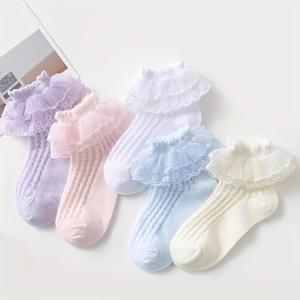 TEMU 귀여운 공주 레이스 트림 소프트 통기성 패션 양말 5팩, 일상복 또는 개학 시즌에 적합, 여아 양말,소녀용 러플 양말, 계절별 필수 옷장 아이템,학생 필수품,스타일리시 여아복,손세탁만 가능,멀티팩 양말,어린 공주들