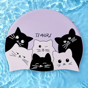 TEMU 귀여운 고양이 디자인의 성인용 실리콘 수영 모자 - 미끄럼 방지 고탄력, 남녀 공용, 라이트 퍼플 & 고양이 패턴, 수영 액세서리, 발랄한 디자인