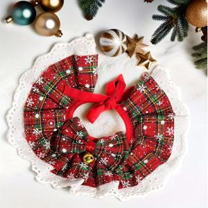 TEMU 1개 축제용 체크무늬 애완동물 턱받이 고양이 & 개용 - 레드 리본이 달린 크리스마스 테마 레이스 칼라, 그린 & 화이트 체크 디자인, 모든 품종 및 크기에 적합한 펫 액세서리 | 체크 패턴 | 레이스 트림, 크리스마스 애완동물 옷, 고양이 칼라