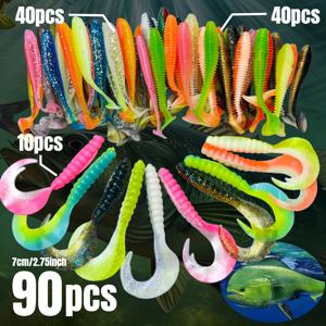 TEMU 90개 혼합 색상 소프트 베이트 세트, 말린 꼬리 디자인, 다중 스타일 소프트 베이트 믹스, 더 많은 물고기 잡기 쉬움, 바닷물 및 민물에 적합, 교환 가능한 낚시 장비, 바닷물용 소프트 플라스틱, 말린 꼬리 루어, 낚시 루어, 낚시 장비