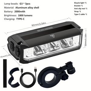 TEMU SHIZIWANGRI 1800LM 3 LED 자전거 전조등 프론트 라이트 2000mAh 충전식 손전등 알루미늄 합금 USB 충전 MTB 로드 사이클링 램프 액세서리