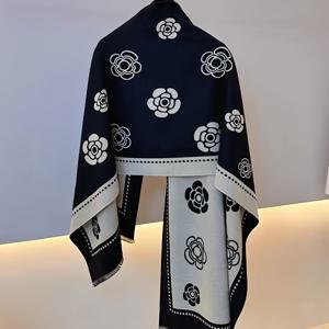 TEMU 여성용 우아한 플로럴 숄 랩 - 양면 럭셔리 스카프 & 넥 랩, 가을/겨울용 두꺼운 보온, 정장 및 일상복 - 블랙/화이트/그레이 꽃무늬 패턴, 여성에게 완벽한 선물, 겨울 패션, 자카드 직조, 원단, 스타일리시 액세서리, 패션 애호가용, 여성용 숄 랩, 인도 스타일 숄, 스카프/랩, 포초