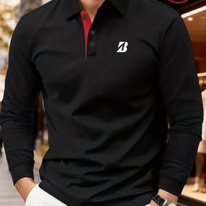 TEMU 남성용 롱 슬리브 셔츠 - 사계절 클래식 화이트 & 블랙 칼라, H-로고, 경마 스타일 버튼 프론트 플라켓, 골프 & 비즈니스 캐주얼 웨어, 통기성 칼라, 연중 다용도 재킷 호환 아우터웨어 (핸드)|남자셔츠|남자옷