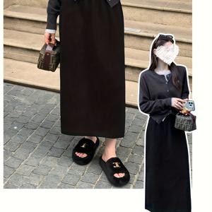 TEMU 여성용 하이웨이스트 솔리드 블랙 맥시 드레스 - 우아한 플로어 길이 포멀 & 데일리 맥시 스커트, 세탁기 사용 가능한 편안한 루즈핏 겨울 가을 아웃핏, 캐주얼에서 포멀 이벤트까지, 구조적인 웨이스트밴드와 솔리드 컬러 디자인, 가을/겨울 시즌에 적합한 다용도 올시즌 착용, 캐주얼과 포멀 행사에 모두 적합|가을원피스