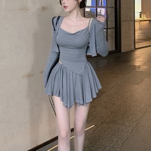 TEMU 여성용 한국 스타일 가을 겨울 캐주얼 시크 의상 - 베이지 긴팔 가디건, 스퀘어 넥 탑 & 플리츠 스커트 세트, 단색, 사계절 착용 가능, 캐주얼 복장 | 세련된 스타일 | 스퀘어 넥라인, 한국 패션, 스커트 및 탑 세트