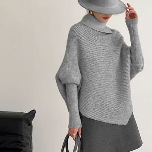 TEMU YY0603452 프렌치 스타일 엘레강스 하이넥 풀오버 스웨터 | 비대칭 디자인 + 배트윙 슬리브 실루엣 | 오트밀 베이지 피부 친화적 | 부드러운 가을/겨울 출퇴근룩을 위한 필수템.