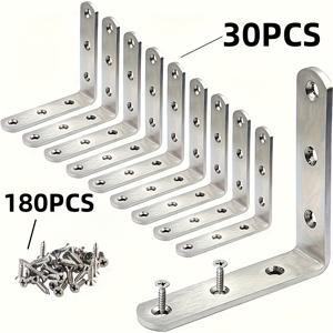 TEMU 210개 헤비듀티 금속 코너 브래킷, 선반 지지대 - (30개 스테인리스 스틸 앵글 아이언 + 180개 나사) 90° 직각 지지대, 90° 커넥터, 옷장 고정 파티션 스탠드용 두꺼운 코드, 가정용 캐비닛 및 가구, 랙, 목공 산업용 하드웨어에 적합