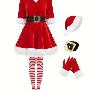 TEMU 공연, 역할극 및 휴일 파티에 적합한 5피스 여성 크리스마스 의상 - 벨트 허리와 반바지가 있는 우아한 레트로 짧은 드레스, 기계 세탁 가능한 단색 의상, 호두까기 인형, 캐롤러 또는 엘프용