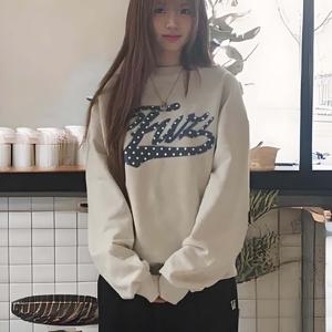 TEMU 여성용 Y2K 오버사이즈 베이지 스웨터 풀오버 - 화이트 도트 & 블루 스머지 프린트 (베이지와 브라운) - 루즈핏 라운드넥 긴소매 캐주얼 겨울 따뜻함, H-라인 실루엣, 가을/겨울용 세탁기 사용 가능한 스웨터