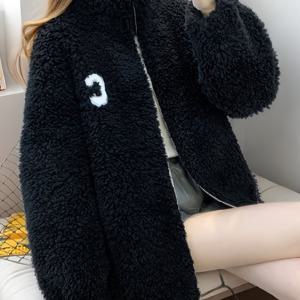 TEMU 여성용 포근한 플리스 재킷 - 스탠드 칼라, 긴 소매, 지퍼업, 솔리드 블랙, 캐주얼 겨울 아우터웨어 포켓 포함, 가을 & 겨울에 완벽, 캐주얼 겨울복 | 스탠드 칼라 재킷 | 지퍼 재킷