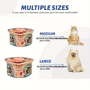 TEMU 후쿠숑 대형 - 영감을 받은 라멘 캣 베드 - 넉넉한 반개방형 멀티캣 하우스, 플러시 볼스터, 만화 & 라멘 볼 디자인, 내구성 있는 실내/야외용 바닥 침대, 대형 견종을 위한 쉬운 청소 캣 가구