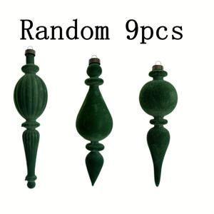 TEMU 크리스마스 다크 그린 플록 장식 - 9개 랜덤 어소트먼트, 볼 악센트가 있는 축제 트리 장식, 빈티지 스타일 파티 홈 데코, 경량 플라스틱 장식, 신터클라스를 위한 계절 선물