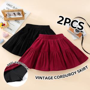 TEMU 2개 세트 여아용 스커트, 가을/겨울 스타일, 중대형 사이즈, 코듀로이 드레스, 안전 안감, 미끄럼 방지, 스타일리시 아동복, 클래식 빈티지 드레스, 선물 추천, 레드 + 블랙|가을원피스|드레스|여아한복