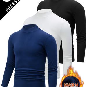 TEMU 3개 남성용 기모 긴팔 티셔츠 - 하이넥 겨울 따뜻한, 단색 () - 소프트 스트레치 원단으로 재킷 안에 레이어링, 캐주얼 & 포멀 웨어 - 가을/겨울 필수템, 기모웨어, 스탠드 칼라 디자인, 편안한 착용감, 레이어링 피스, 긴팔티 남성, 남성 긴팔티, 긴팔티, 남성긴팔티셔츠, 긴팔 티셔츠 남성, 남자티셔츠 긴팔, 남성 긴팔티셔츠