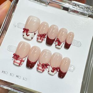 TEMU 순수 수제 와인 스위트 템퍼먼트 화이트 체크 하트 리본 프렌치 매니큐어 착용 가능한 네일 10개 세트, 분리 및 재사용 가능, 선물용 네일 보관함 포함, 프레스 온 네일,하트 패턴 네일,리본 디테일 네일,내구성 있는 네일 팁,장식용 못, 손톱,그녀를 위한 선물,신부용 네일