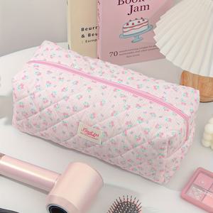 TEMU 한국식 귀여운 플로럴 헤어 드라이어 & 컬링 아이언 케이스 - 대용량 여행용 화장품 정리 가방, 메이크업 수납 가능한 휴대용 화장품 파우치 (여성 및 소녀를 위한 선물 아이디어, 전기 헤어 스타일링 도구용)