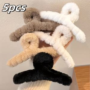 TEMU 5개 여성용 플러시 헤어 클립 - 우아한 빈티지 스타일, 커피 브라운, 화이트, 블랙, 베이지 소프트 샤크 클립, 일상 및 특별한 날에 완벽, 헤어 액세서리, 매일 사용하는 헤어 클립, 재미있는 헤어 클립, 내구성 있는 헤어 클립