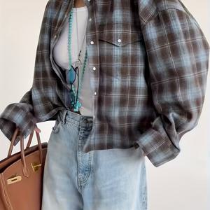 TEMU 재고 있음 봄 가을 겨울 빈티지 스타일 루즈 오버사이즈 체크 긴팔 포켓 셔츠 우아한 여성 셔츠 재킷