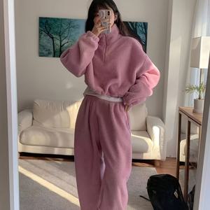 TEMU 페티트 여성 스웨트셔츠 세트, 새로운 겨울 핑크 아웃핏 캐주얼 루즈핏 스웨트셔츠 투피스 (탄력 있는 허리밴드와 스탠드 칼라 탑) + 매칭 하의, 한국 스타일|블라우스|여성의류