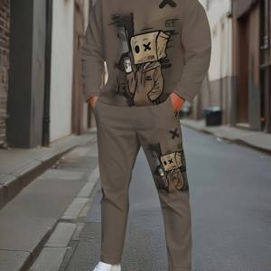 TEMU 남성용 긴팔 스웨트셔츠와 팬츠 세트, 2피스 프린트 크루넥 긴팔 스웨트셔츠와 아웃도어 캐주얼 조거 팬츠 세트, 가을과 겨울용, 크리스마스 선물