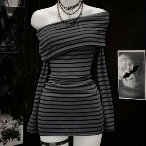 TEMU 고딕 오프숄더 드레스 여성용, 롱 슬리브 힙 랩핑 드레스, 다크 스타일 섹시 니치 디자인 미니 스커트