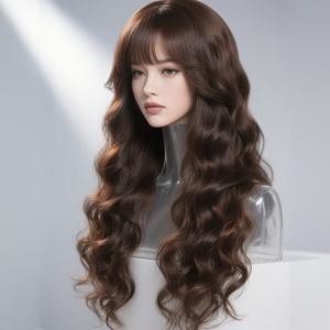 TEMU 32인치 딥 브라운 롱 웨이브 가발 (조절 가능한 네트 캡 & 우아한 앞머리) - 여성용 고품질 섬유 헤어, 간편한 관리 & 스타일링, & 코스프레에 다용도, 웨이브 & 볼륨, 모든 밝은 톤 피부에 적합, 롤플레잉 & 로마에 완벽, 여성용 가발, 앞머리 가발