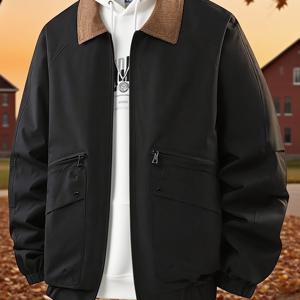 TEMU 남성용 빈티지 베이스볼 재킷 - 루즈핏 지퍼업 코트, 다중 포켓, 일상 및 정장용 논스트레치 원단 - 레트로 캐주얼 아우터웨어, 가을/겨울용 클래식 지퍼 클로저 재킷, 내구성 있는 폴리에스터 안감, 튼튼한 구조, 도시 스타일, 남성용 재킷, 남성용 재킷, 남성용 재킷, 남성용 재킷