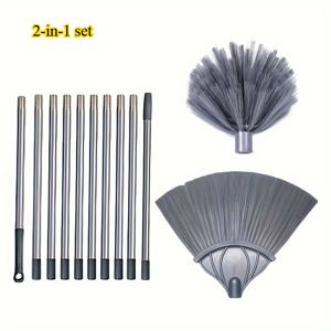 TEMU 2-in-1 청소 브러시 세트, 166.93인치 조절 가능한 스테인리스 스틸 긴 막대, 이중 머리 거미줄 빗 & 먼지 더스터 - 고급 천장 및 지붕 청소용 도구, 가정, 사무실, 상업용, 인체공학적 핸들, 내구성 있는 구조, 홈 클리너, 슬림 디자인, 견고한 제작, 텔레스코픽 폴, 텔레스코픽 빗, 병 청소 브러시, 청소 도구