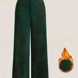 TEMU 여성용 우아한 다크 그린 와이드 레그 팬츠 - 하이웨이스트 레그 팬츠, 포켓 포함, 주름 방지 & 세탁기 사용 가능, 포멀 이벤트 및 캐주얼 룩에 적합한 딥 그린 (벨트 루프 없음)